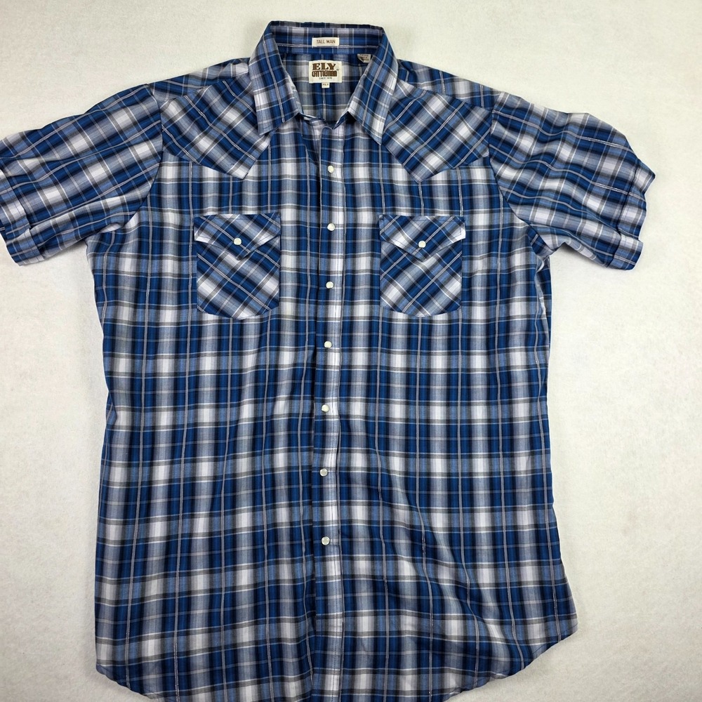 ELY‎ Cattleman XLT Tall Man Western Plaid Snap Shirt  Blue